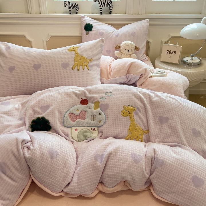 Reversible Flannel Duvet Comforter Set with Embroidered Elephant and Heart Motif