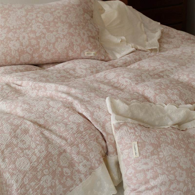 Floral Quilted Cotton-Linen Duvet Cover Set