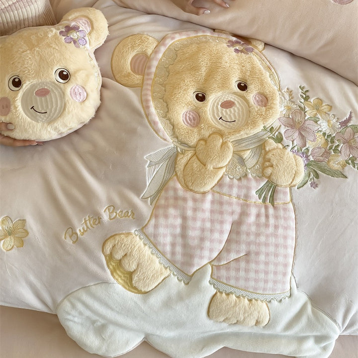 Embroidered Plush Teddy Duvet Cover Set