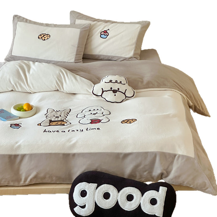 Cozy bedding set with embroidered cartoon dog motifs