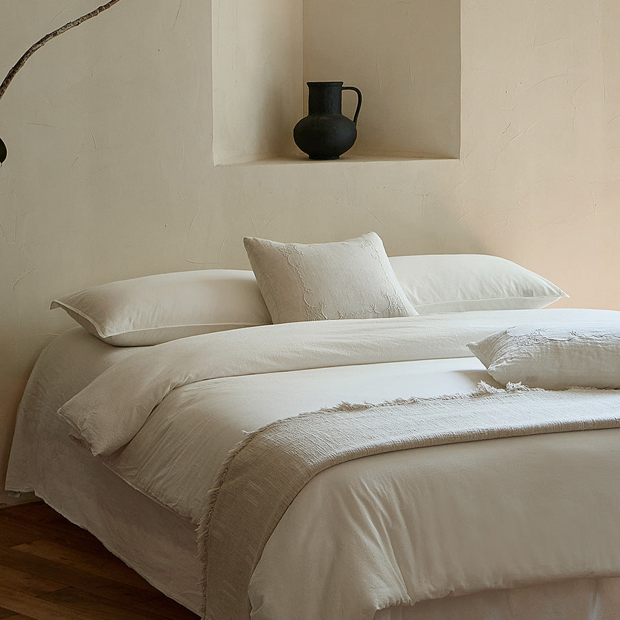 Washed Linen-Blend Duvet Cover Set with Embroidered Accent Cushion & Deep-Pocket Fitted Sheet