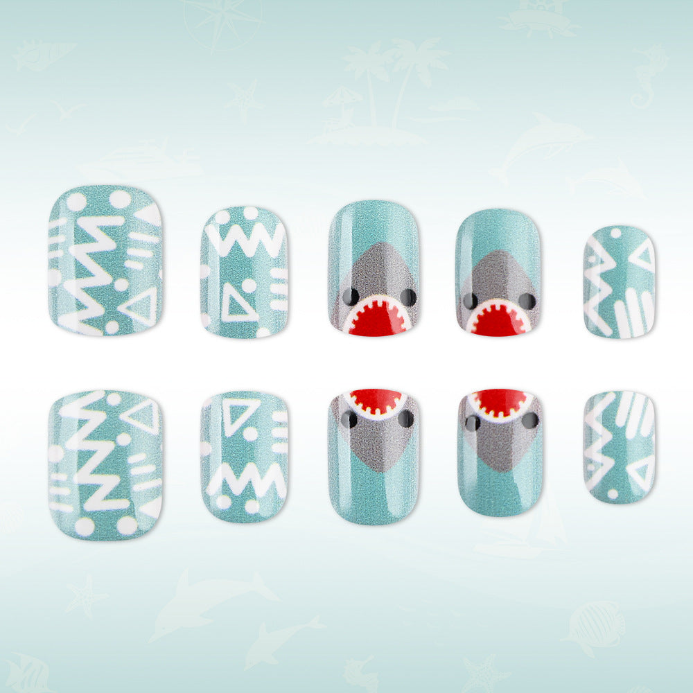 Artistic Shark-Themed Press-On Nail Design Stornfield