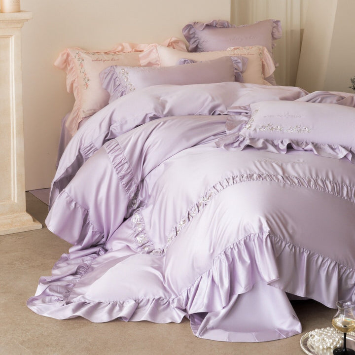 Frilled Embroidered Cotton Sateen Duvet Cover Set