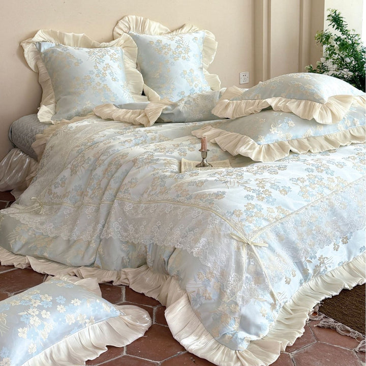 Luxurious Floral Ruffled Lace Comforter Set with Satin Trim