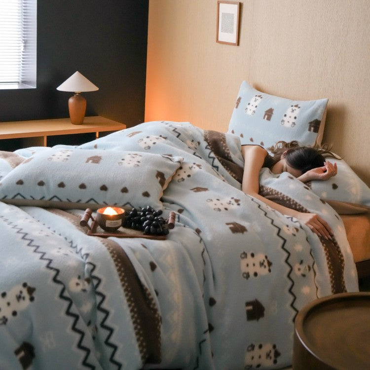 Microfiber fleece bedding set with reversible function and winter Norwegian & sheep pattern