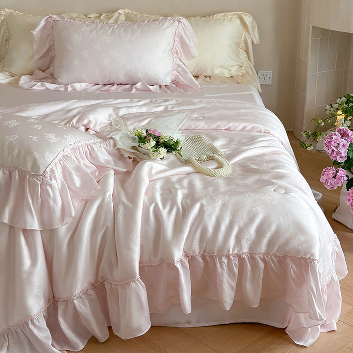 Elegant satin bedding set with jacquard floral pattern and ruffles