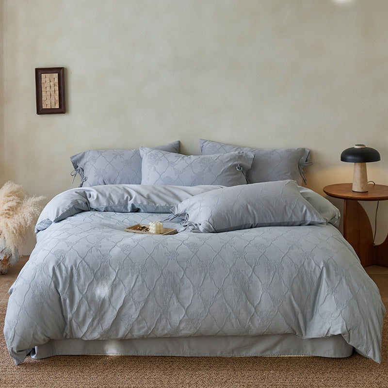 Embossed Botanical Jacquard Duvet Cover Set with Corner Ties and Envelope Shams