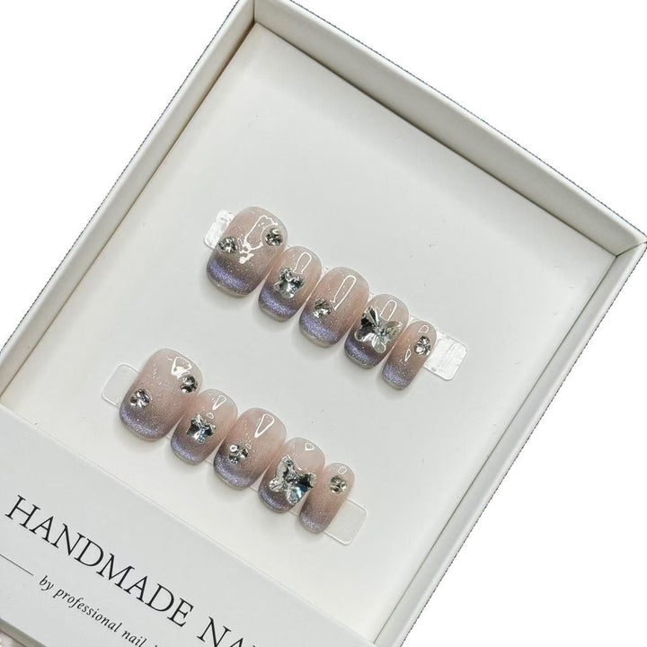 Handmade Decorative Press-On Nail Art Set with Gem and Butterfly Accents