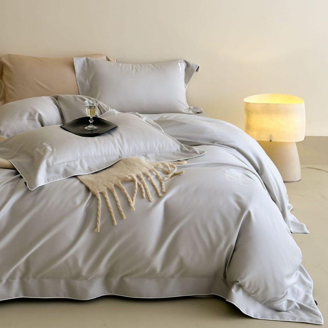 Luxury satin bedding set with subtle piping