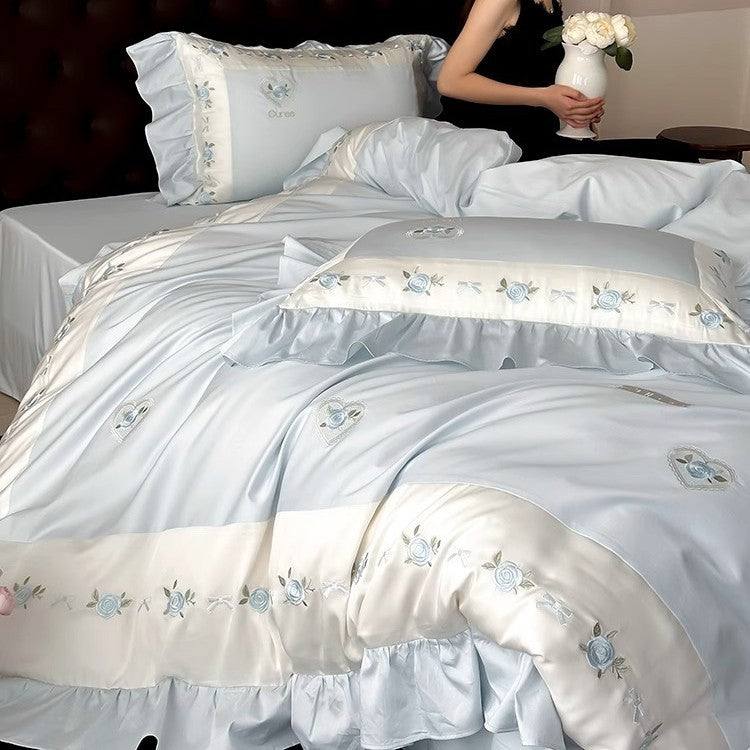 Romantic Embroidered Floral Satin-Trim Duvet Cover & Ruffled Sham Set