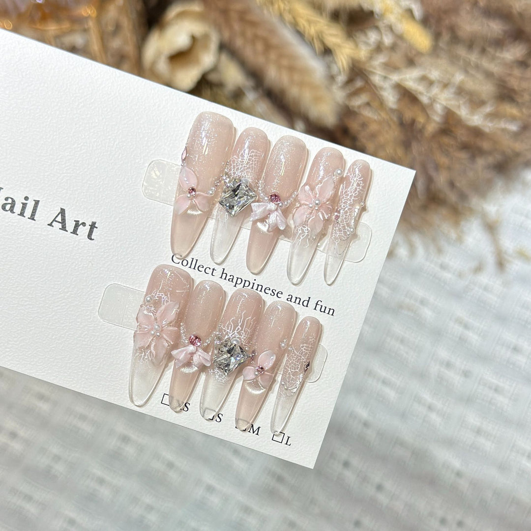 Decorative Press-On Nail Art Set with Floral and Gemstone Accents Stornfield