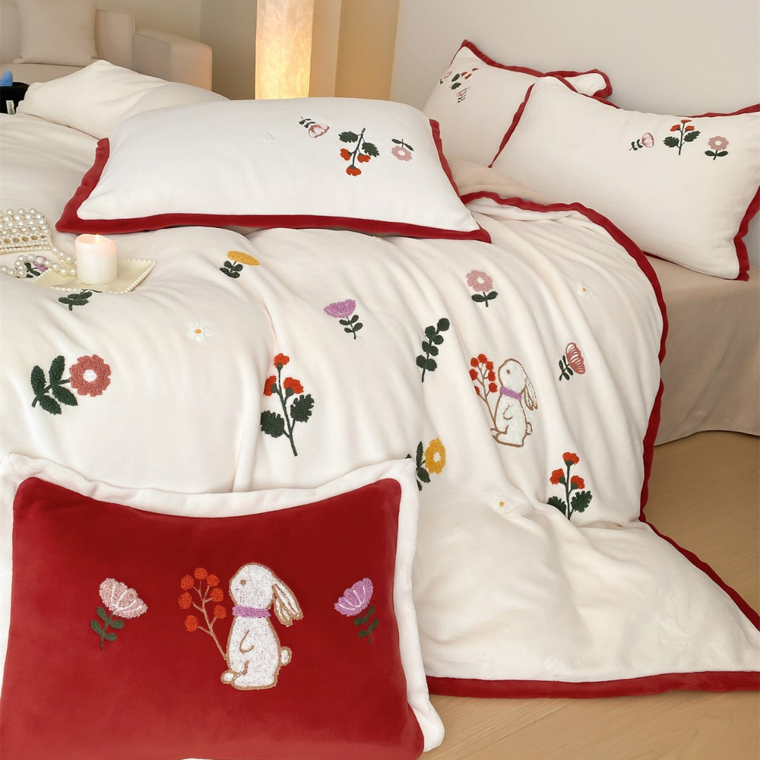 Embroidered Bunny Floral Cotton-Sateen Duvet Cover Set with Piped Edge and Decorative Shams