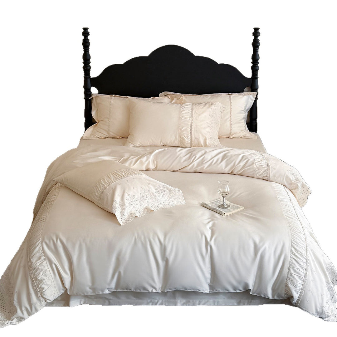 Satin-Blend Ruffle and Lace Embroidered Duvet Cover Bedding Ensemble