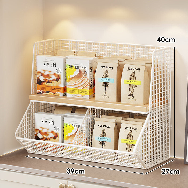 Compact Mesh Countertop Pantry Organizer with Two Wooden Shelves and Deep Front Basket