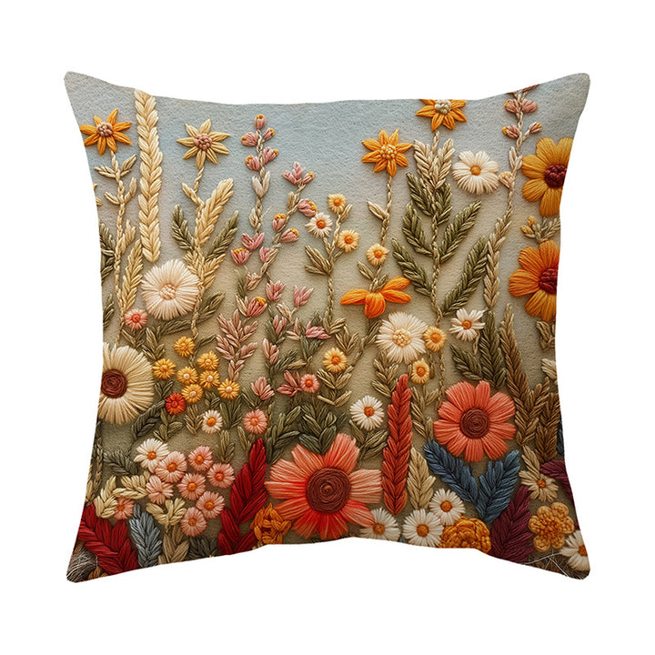 Embroidered Wildflower Raised-Texture Square Throw Pillow Cover