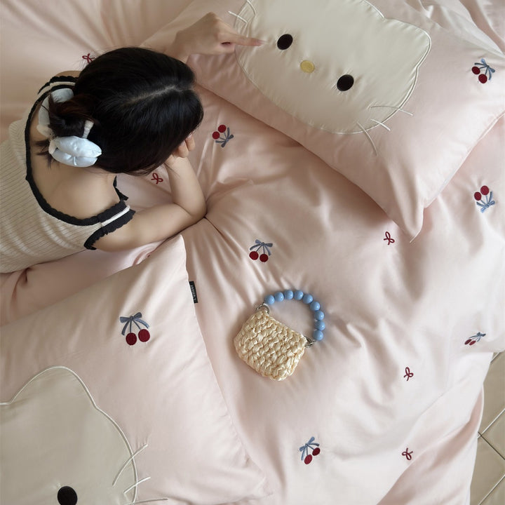 Embroidered Cherry Duvet Cover Set with Appliqué Face Pillow Shams