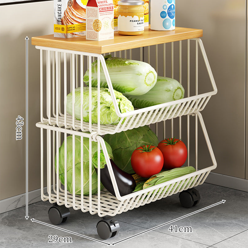 Countertop Wooden-Top Metal Wire Produce Storage Basket with Front-Tilt Access