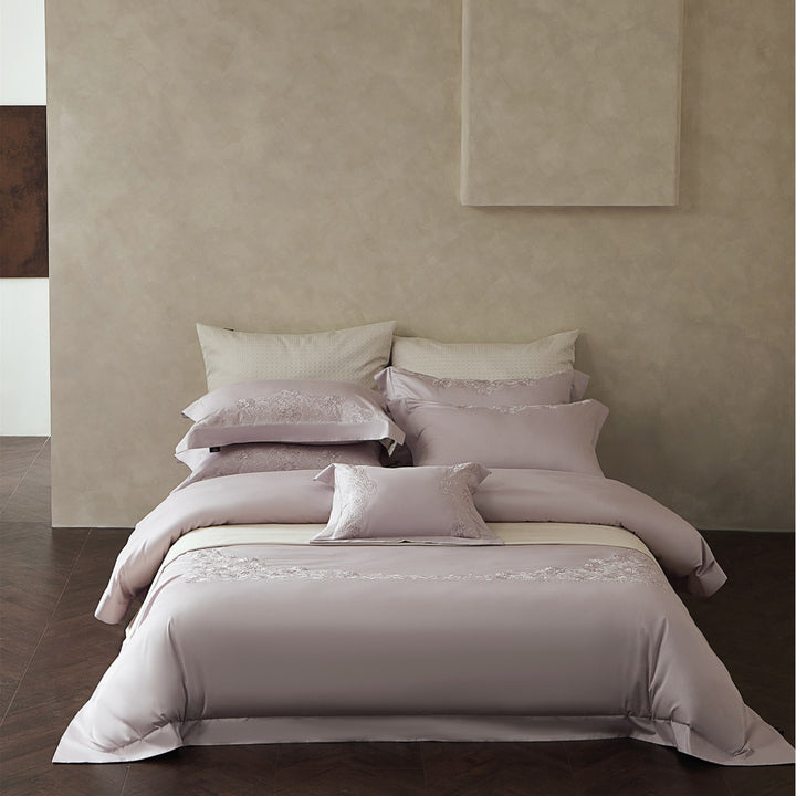 Embroidered Sateen Duvet Cover Set with Lace-Edge Pillow Shams