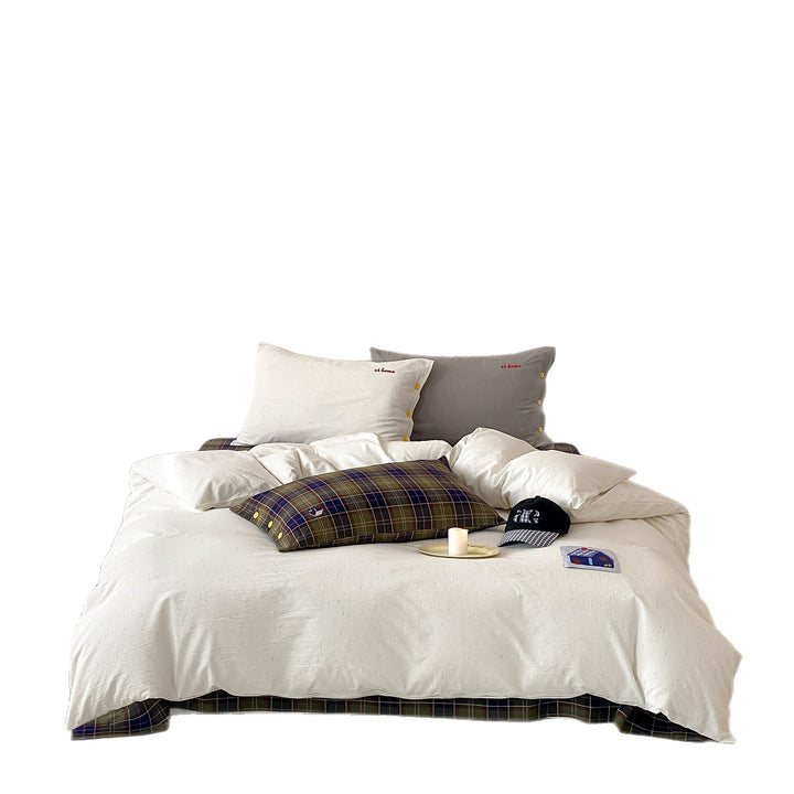 Cotton Percale Duvet Cover Set with Button Closure and Embroidered Accent
