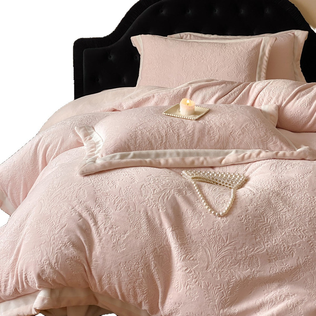 Embroidered Jacquard Floral Duvet Cover Set with Velvet Piped Edge and Pearl Appliqué