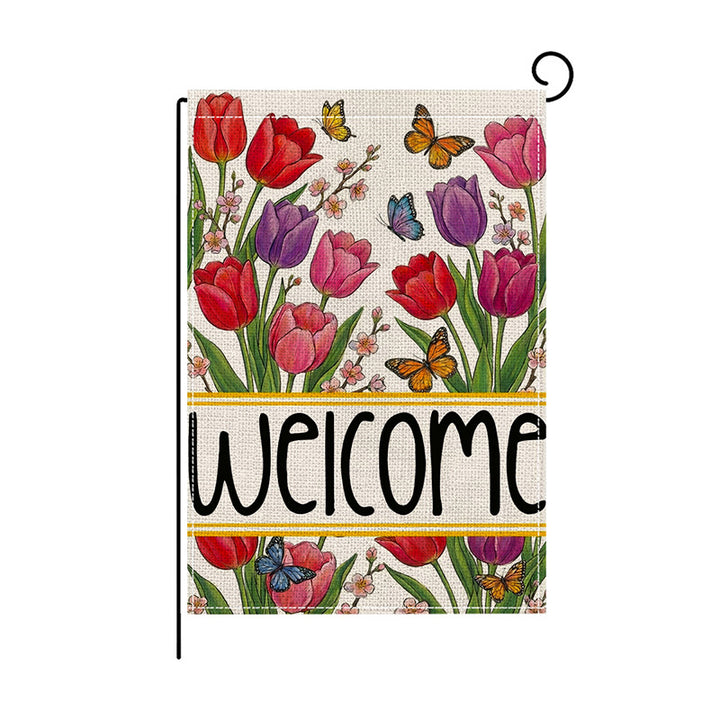 Outdoor Decorative Garden Flag Linen-Blend Welcome Poppy Design with Pole Sleeve