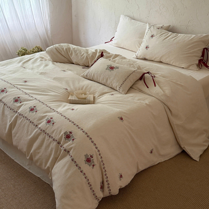Embroidered Cotton Duvet Cover and Pillowcase Set with Ribbon Ties