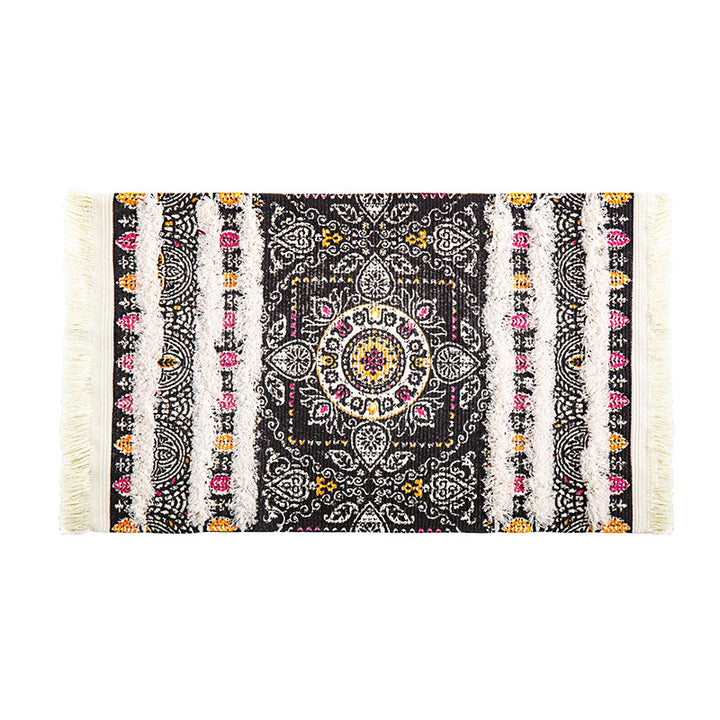 Flat-woven runner rug in ethnic stripe design with hand-fringed edge