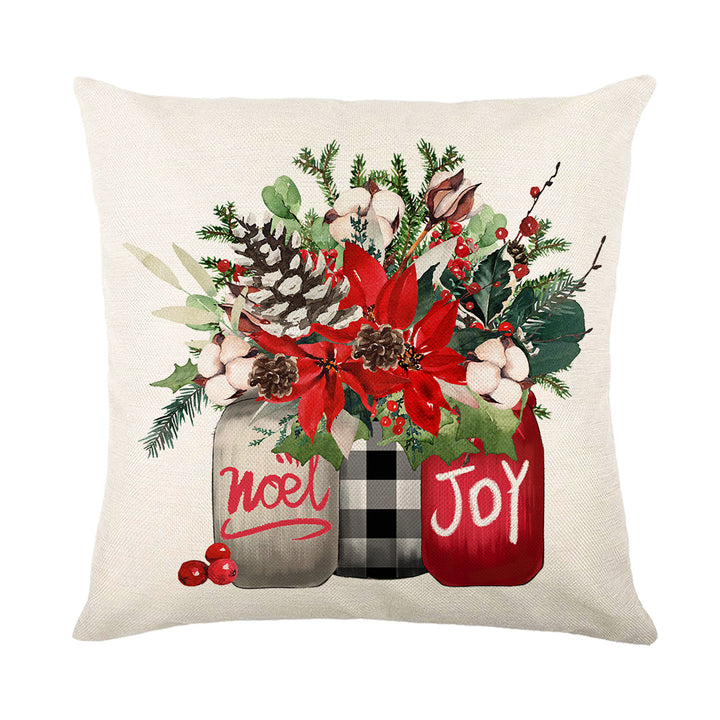 Holiday Linen Throw Pillow Cover with Merry Bright Script and Ribbon Bow Accent
