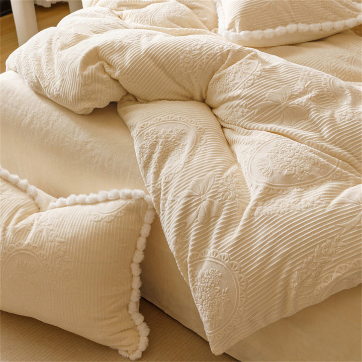 Quilted Medallion Embossed Duvet Cover Set with Pom-Pom Trim and Pillow Shams
