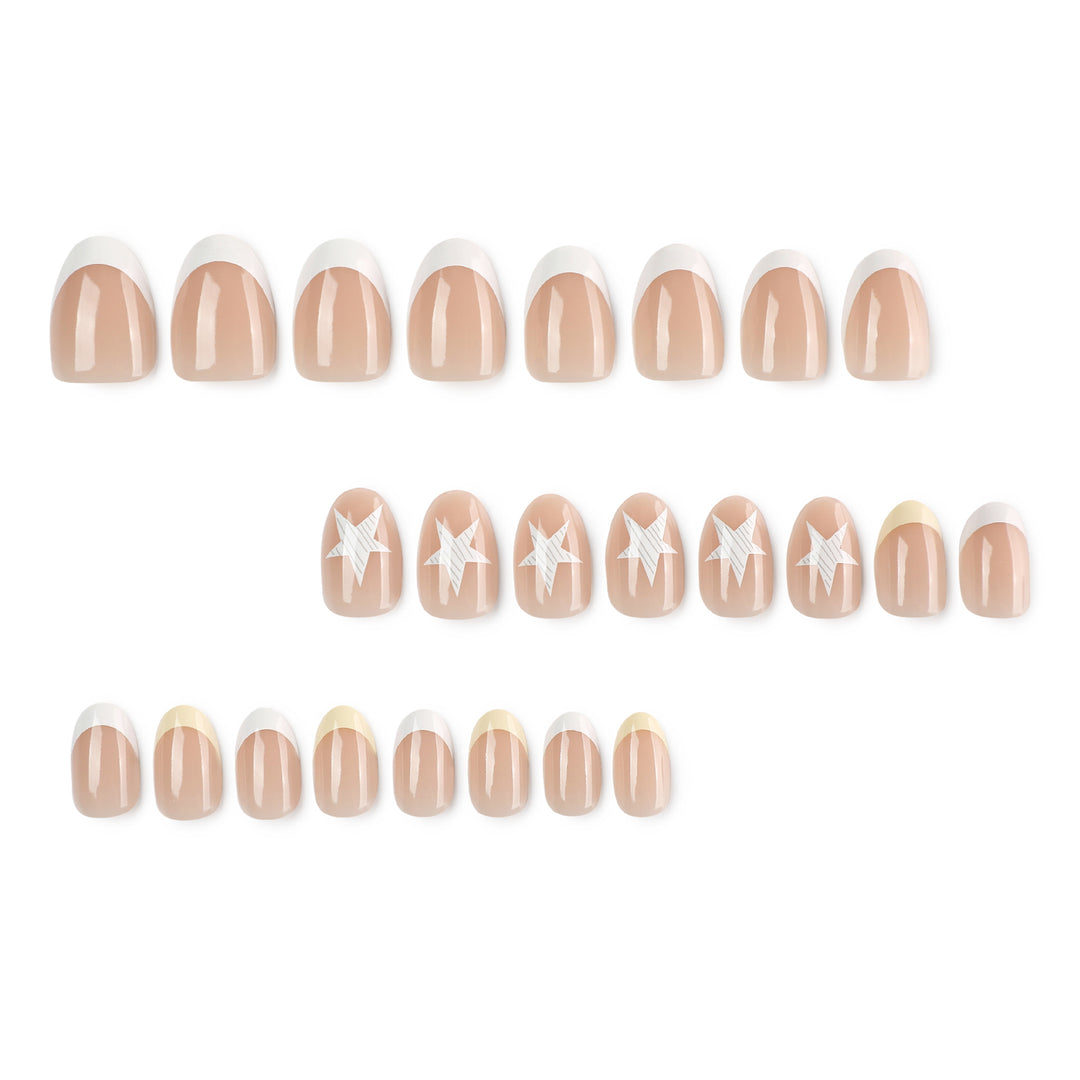 Elegant artificial nails with classic French tip and intricate star design Stornfield
