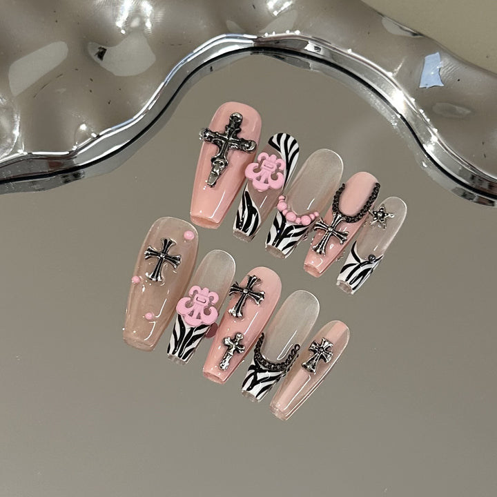 Stylish Cross-Embellished Press-On Nail Set