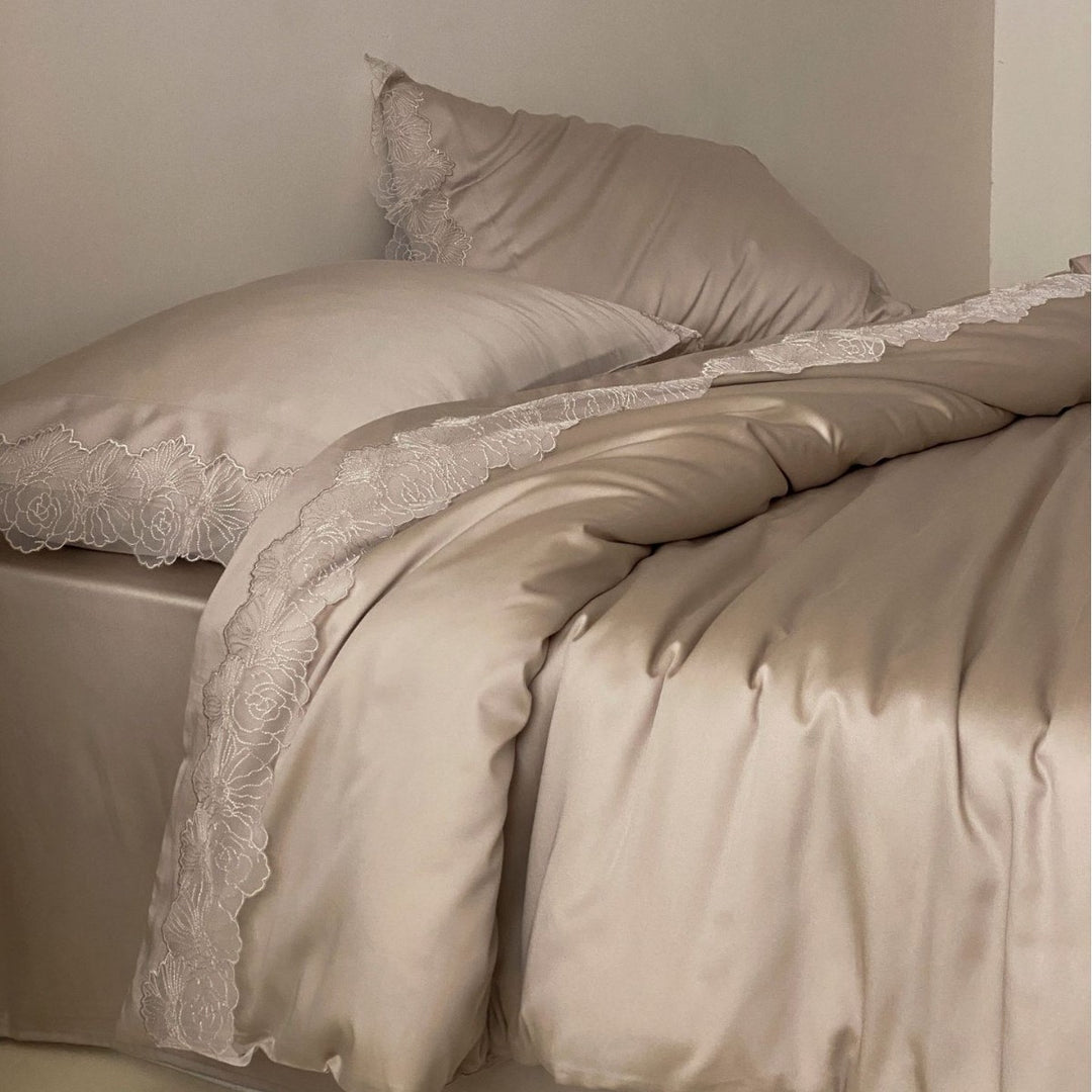 Luxury Lace-Trim Satin Duvet Cover Set