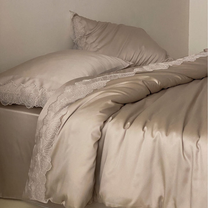 Luxury Lace-Trim Satin Duvet Cover Set