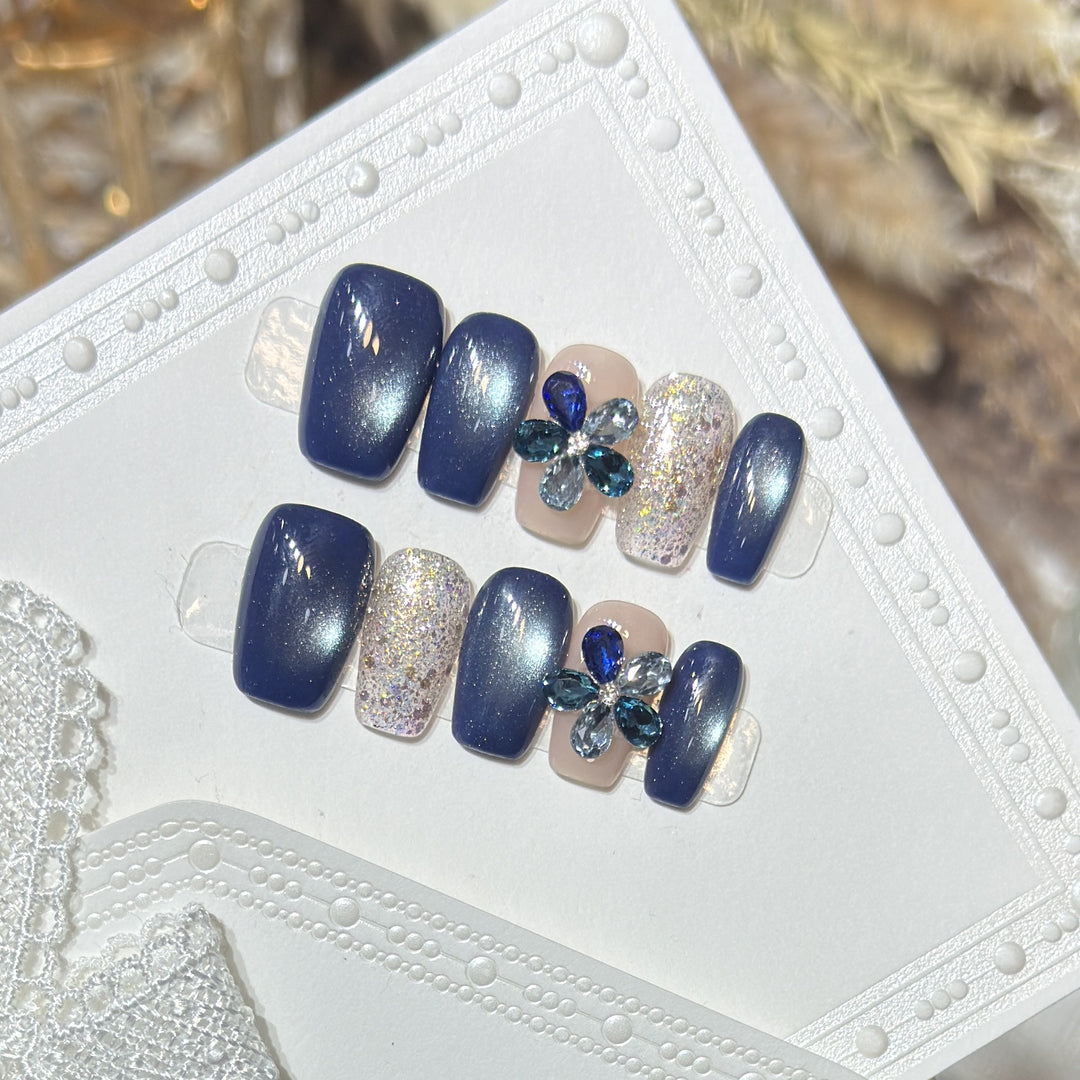 Elegant Floral Press-On Nail Set with Gemstone Accents Stornfield