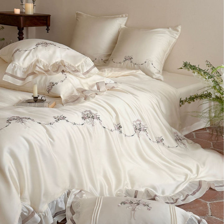 Embroidered Ruffled Satin Duvet Cover and Pillow Sham Set