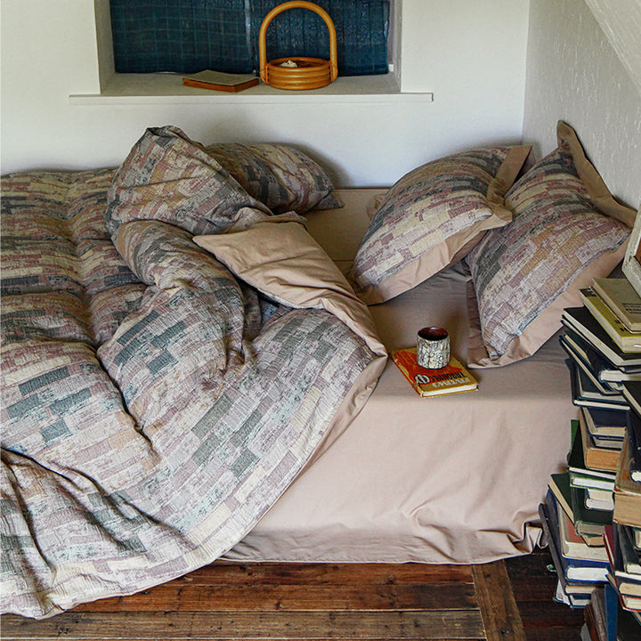 Quilted Cotton-Linen Abstract Block-Pattern Duvet Cover Set with Euro Shams & Deep-Pocket Fitted Sheet