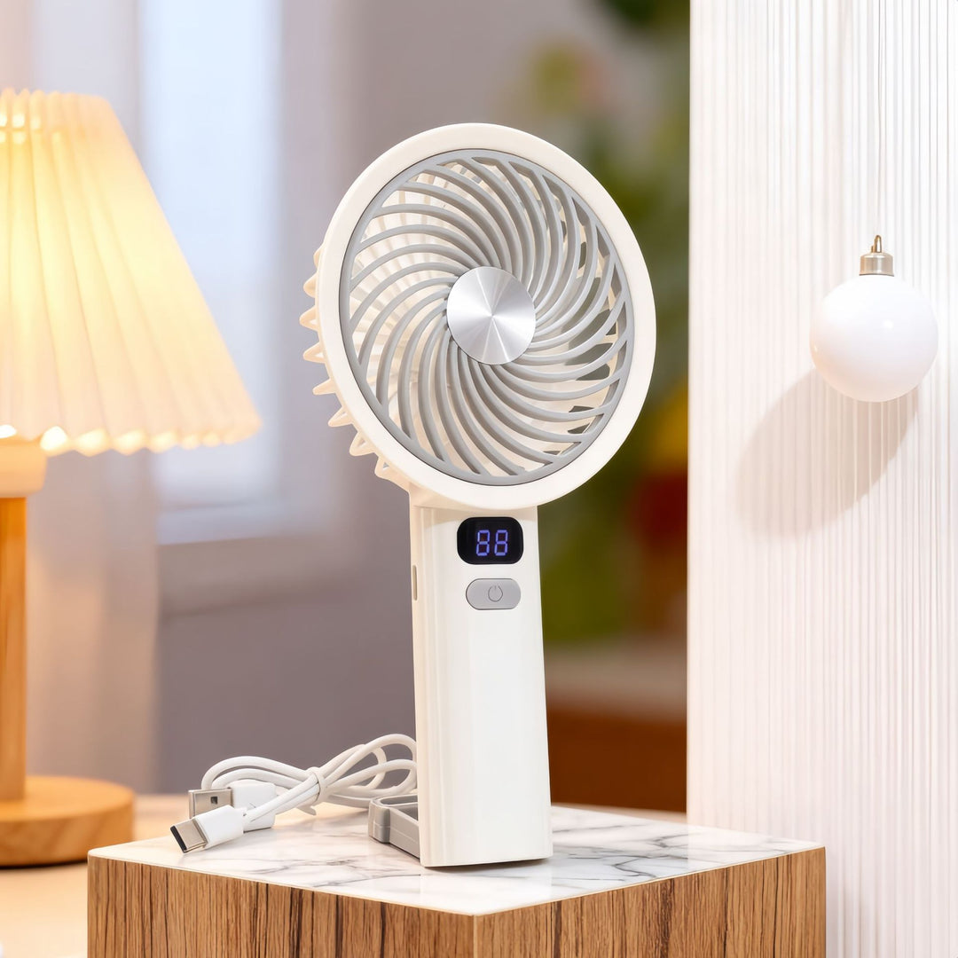 Ladies Portable Hand Fan with LCD Temperature Display and Rechargeable Battery Stornfield