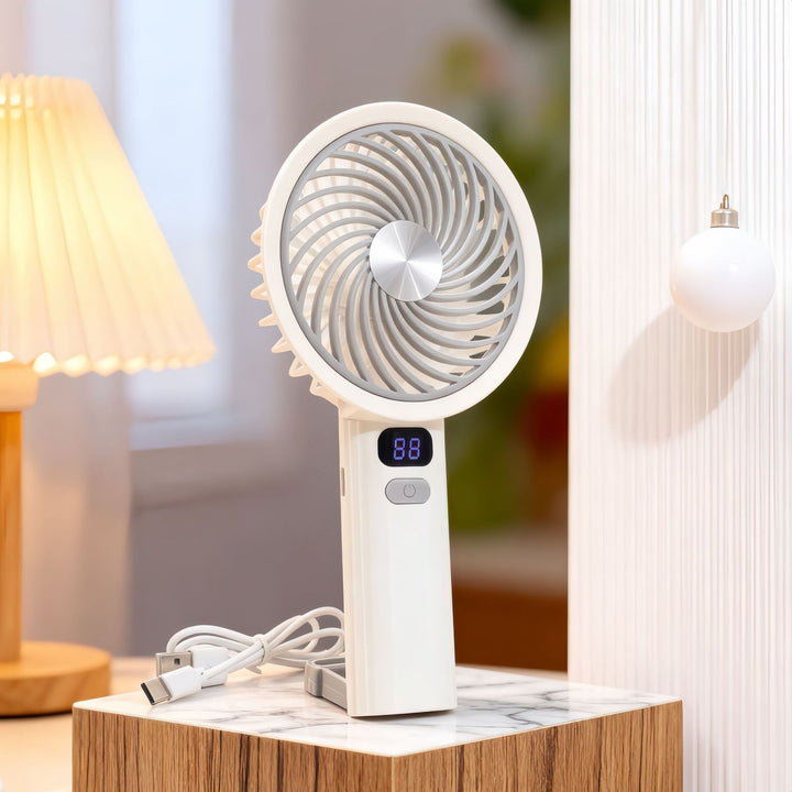 Ladies Portable Hand Fan with LCD Temperature Display and Rechargeable Battery Stornfield
