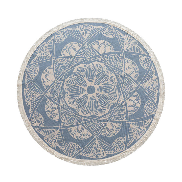 Round woven rug with mandala motif, flat cotton-jute mix and fringes Stornfield