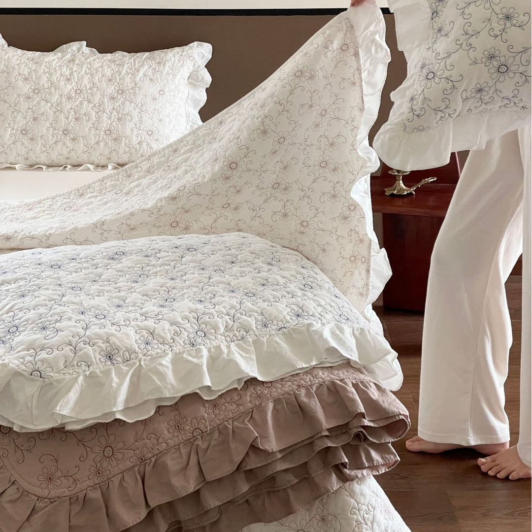 Quilted Floral Embroidered Bedspread with Ruffled Edge Pillow Sham Set