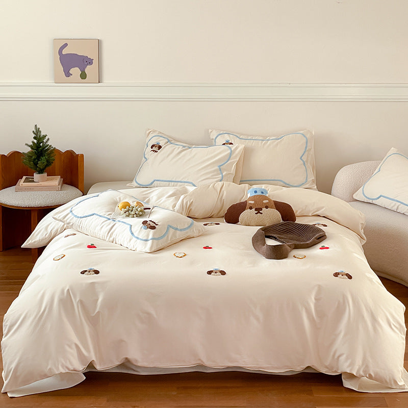 Embroidered Plush-Appliqué Cotton Sateen Duvet Cover Set with Cloud-Edge Shams