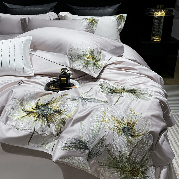Luxury Embroidered Botanical Cotton-Sateen Duvet Cover Set with Decorative Pillow Shams