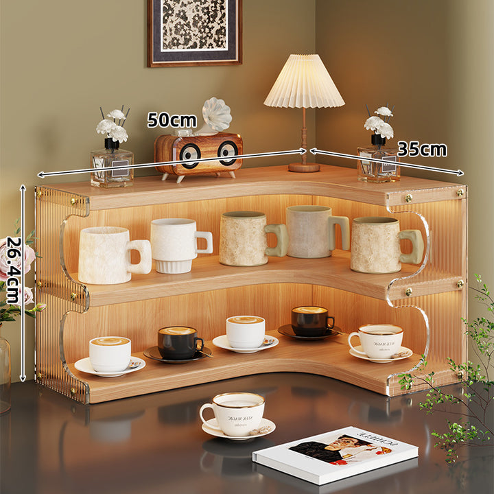 Corner Triple-Tier Wooden Countertop Display Shelf Organizer with Curved Shelves and Brass Accents