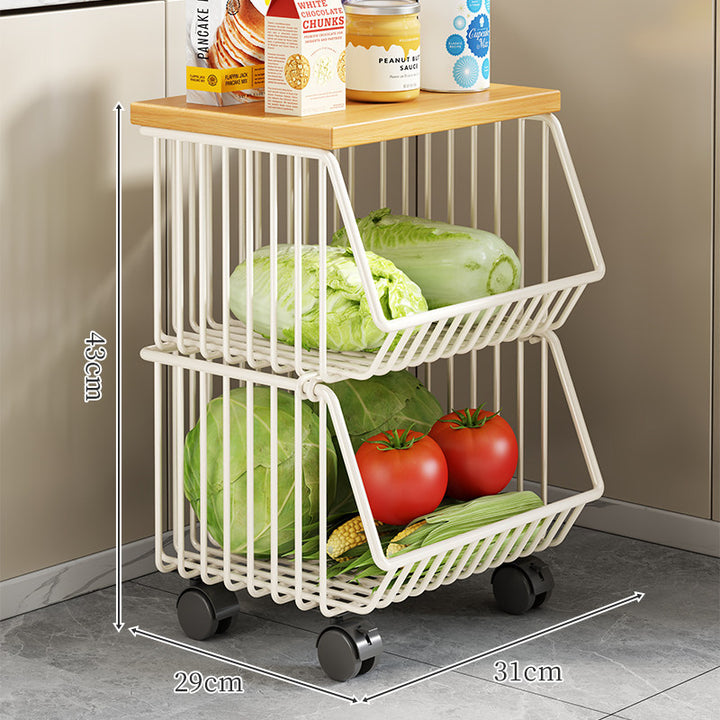 Two-Tier Countertop Vegetable and Pantry Storage Rack with Walnut Wood Top and Sliding Wire Basket