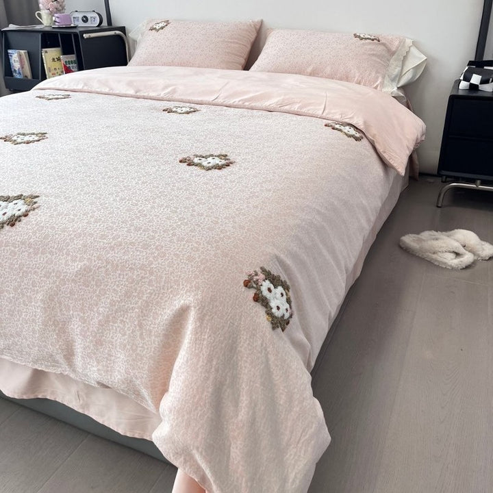Embroidered Floral Cotton-Sateen Duvet Cover Set with Skirted Fitted Sheet and Matching Pillow Shams
