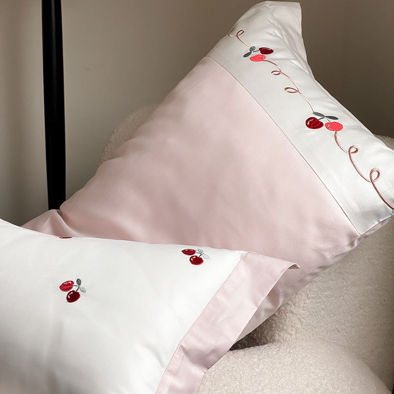 Embroidered Cherry Cotton Sateen Duvet Cover Set with Decorative Border and Pillow Shams