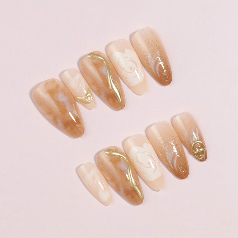 Artistic Press-On Nail Set with Gold and Floral Accents Stornfield