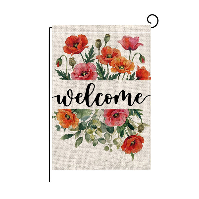 Outdoor Decorative Garden Flag Linen-Blend Welcome Poppy Design with Pole Sleeve