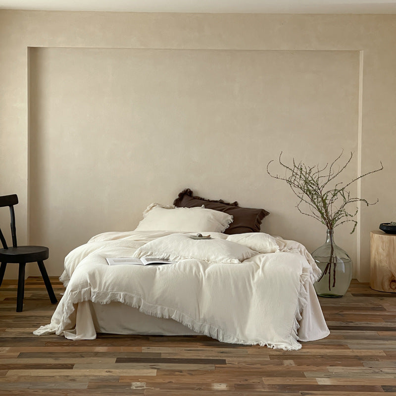 Washed Cotton Gauze Fringed Duvet Cover Set with Skirted Base & Textured Pillow Shams