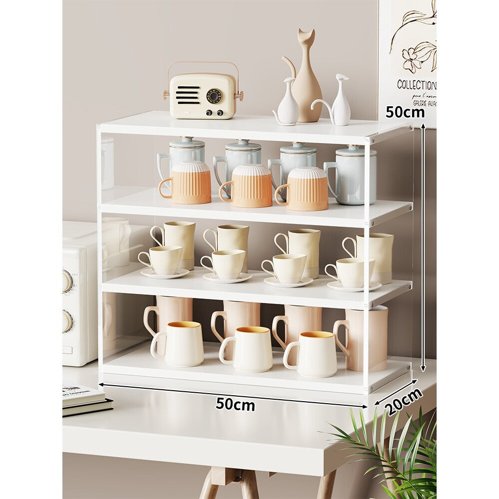 Multi-Level Bamboo-Style Countertop Kitchen Mug and Canister Organizer Shelf with Open Wood Shelves and Slim Metal Frame